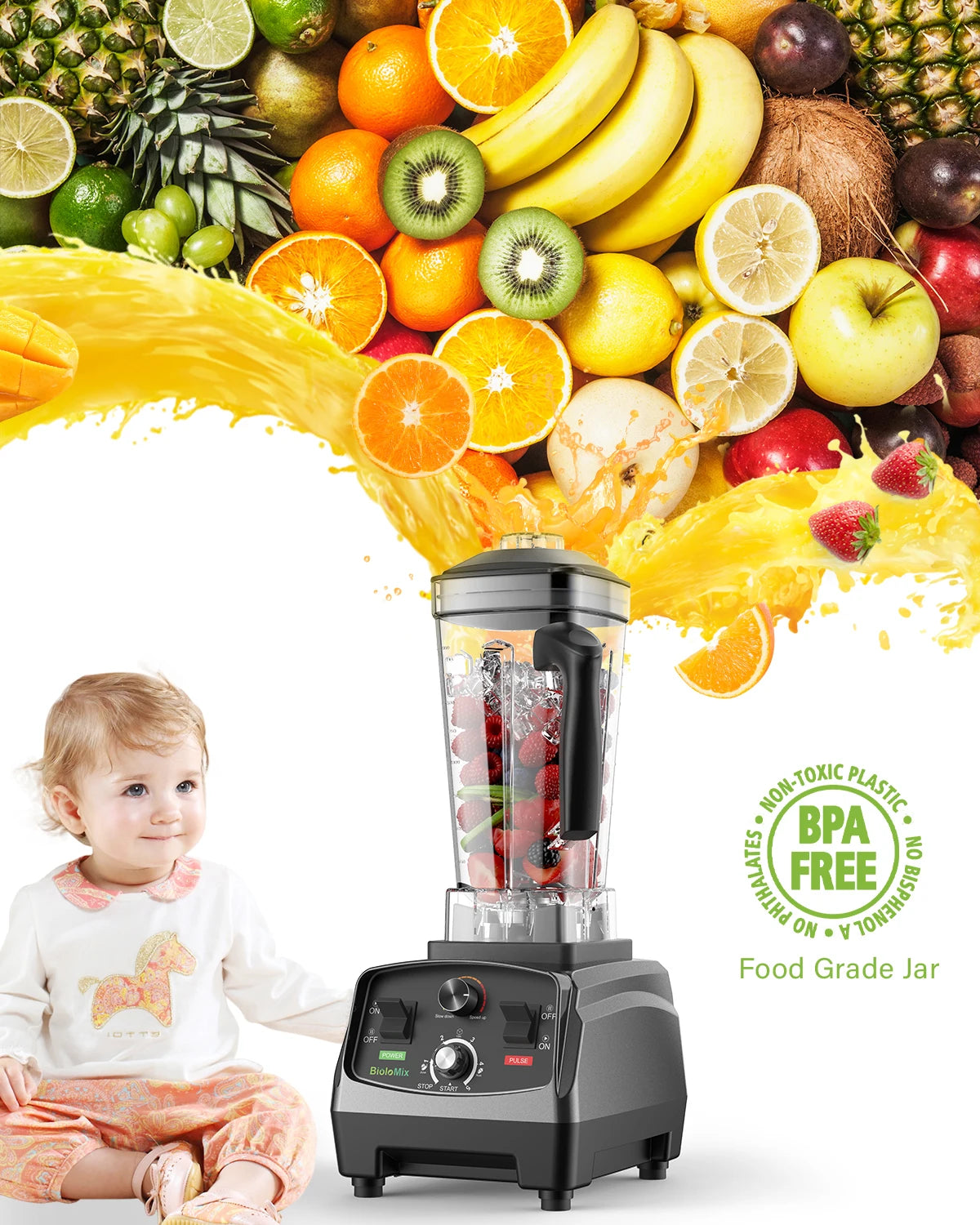 BioloMix 3HP 2200W Heavy Duty Grade Timer Blender Mixe Ice Smoothies BPA Free 2L Jar