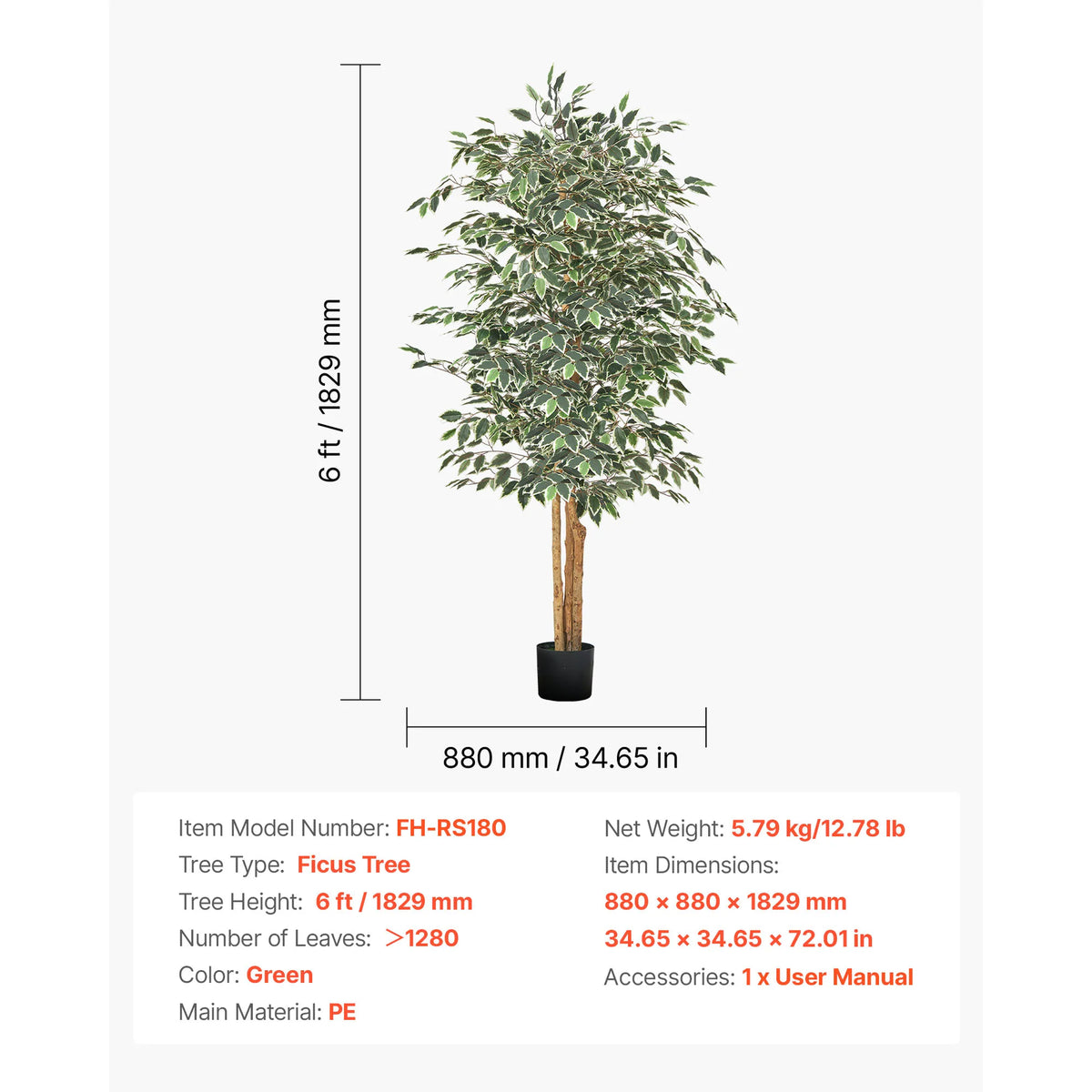 VEVOR 5/6/7/8FT Artificial Tree Tall Faux Ficus Plant with Natural Wood Trunk green Tree