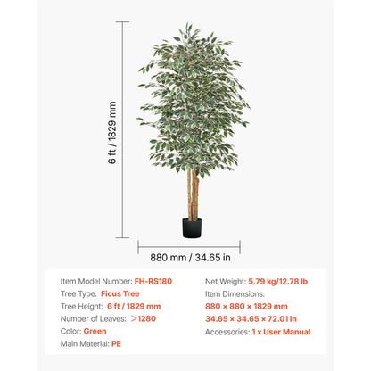 VEVOR 5/6/7/8FT Artificial Tree Tall Faux Ficus Plant with Natural Wood Trunk green Tree