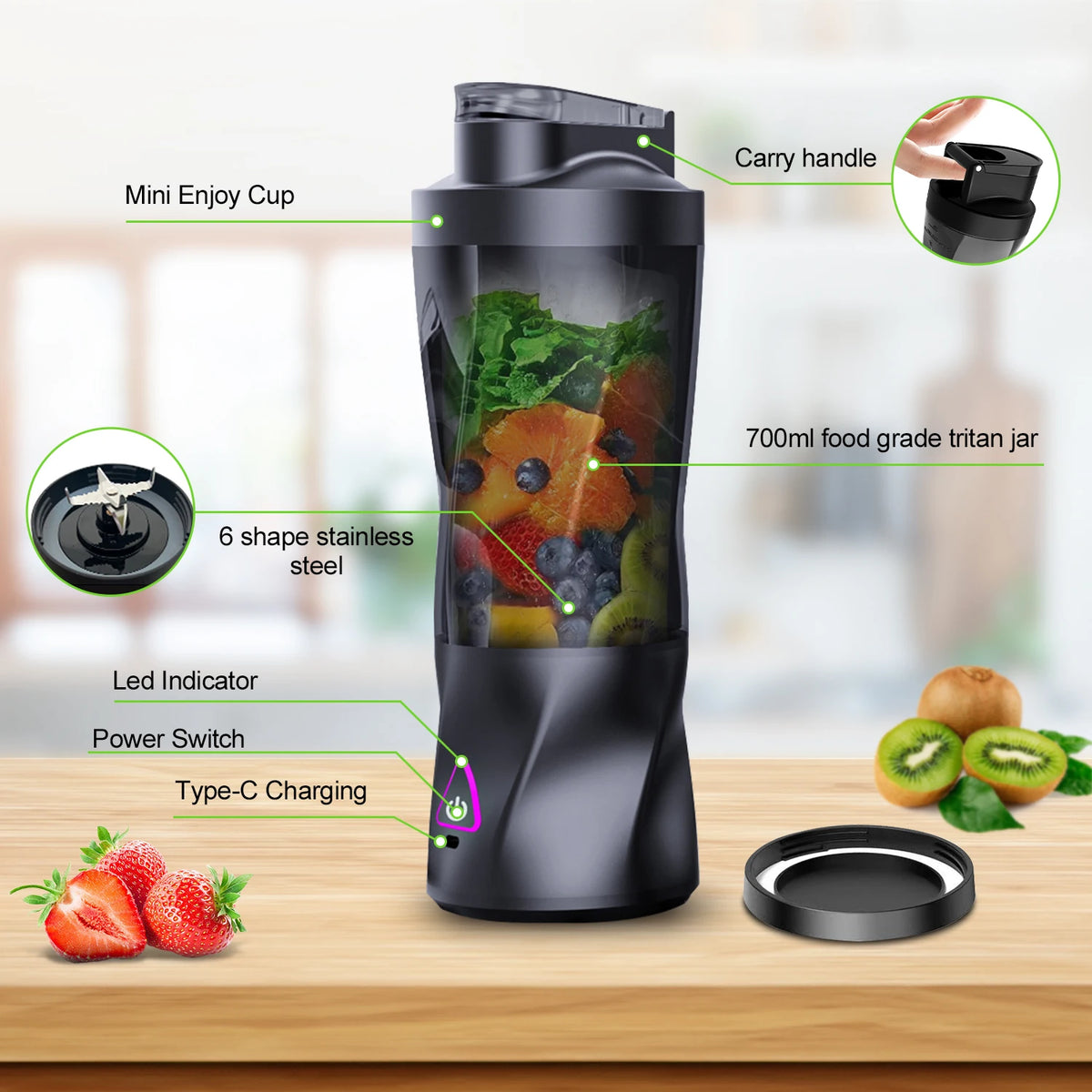 Electric Portable Juicer Fresh Fruit Mixer 700ML Multifunctional USB Rechargeable