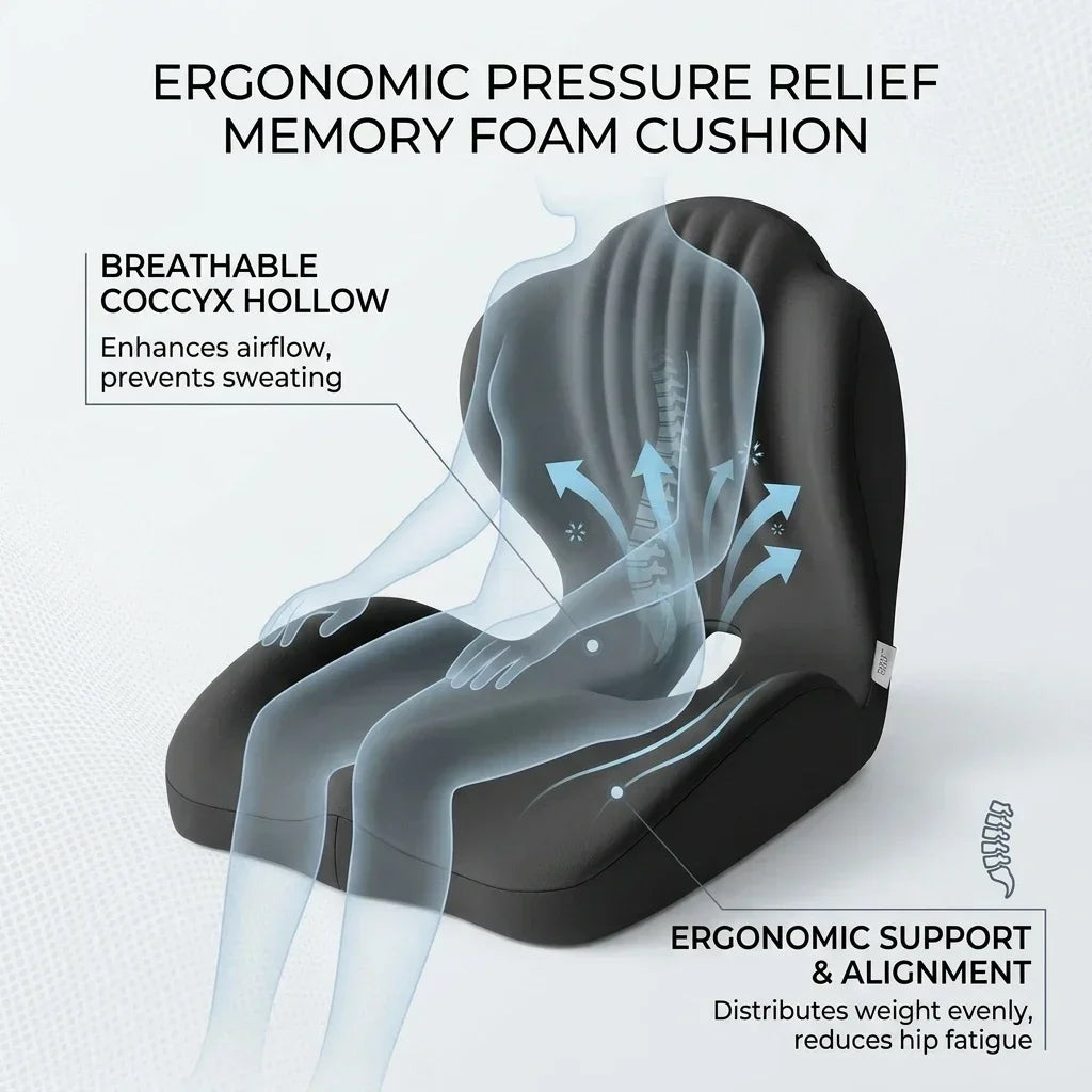 Ergonomic Coccyx Seat Pad Memory Foam Cushion Sciatica Pain Relief Posture Correction Mat for Home Office
