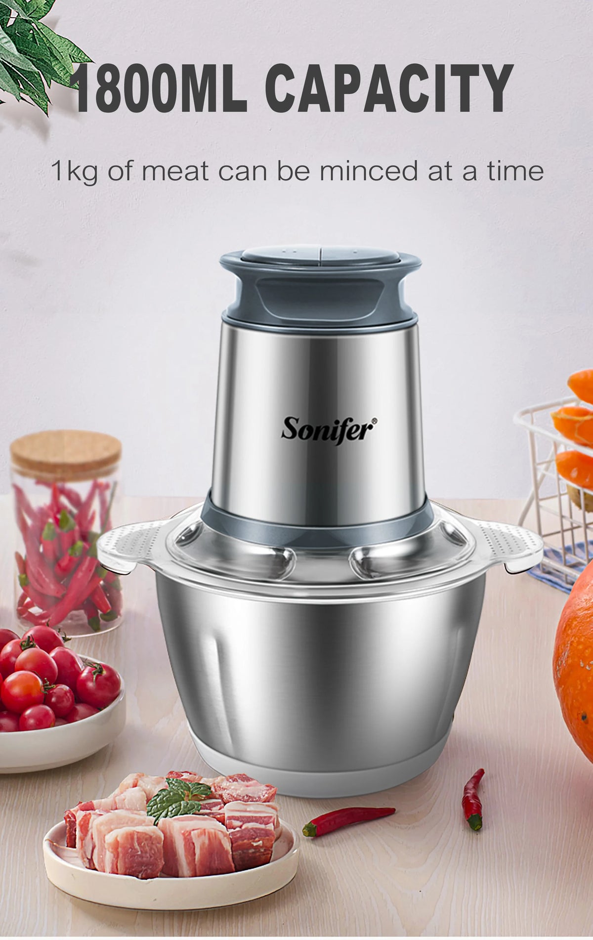 2 Speeds Electric Chopper Meat Grinder Stainless Steel Mincer Food Processor Kitchen Slicer