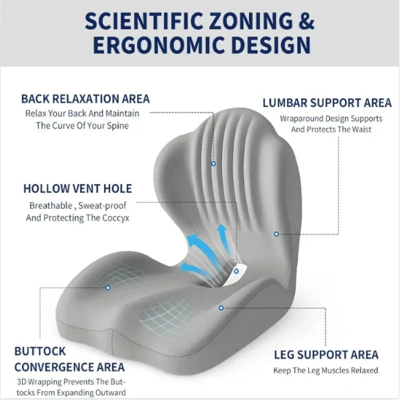 Ergonomic Coccyx Seat Pad Memory Foam Cushion Sciatica Pain Relief Posture Correction Mat for Home Office