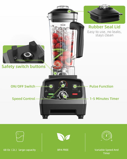 BioloMix 3HP 2200W Heavy Duty Grade Timer Blender Mixe Ice Smoothies BPA Free 2L Jar