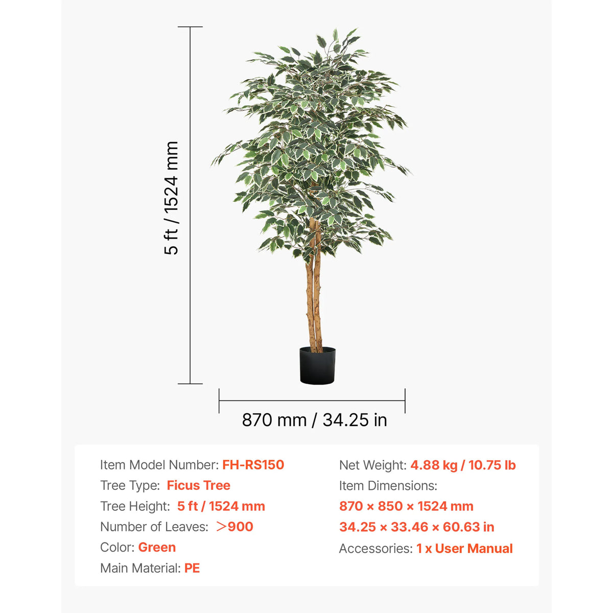 VEVOR 5/6/7/8FT Artificial Tree Tall Faux Ficus Plant with Natural Wood Trunk green Tree