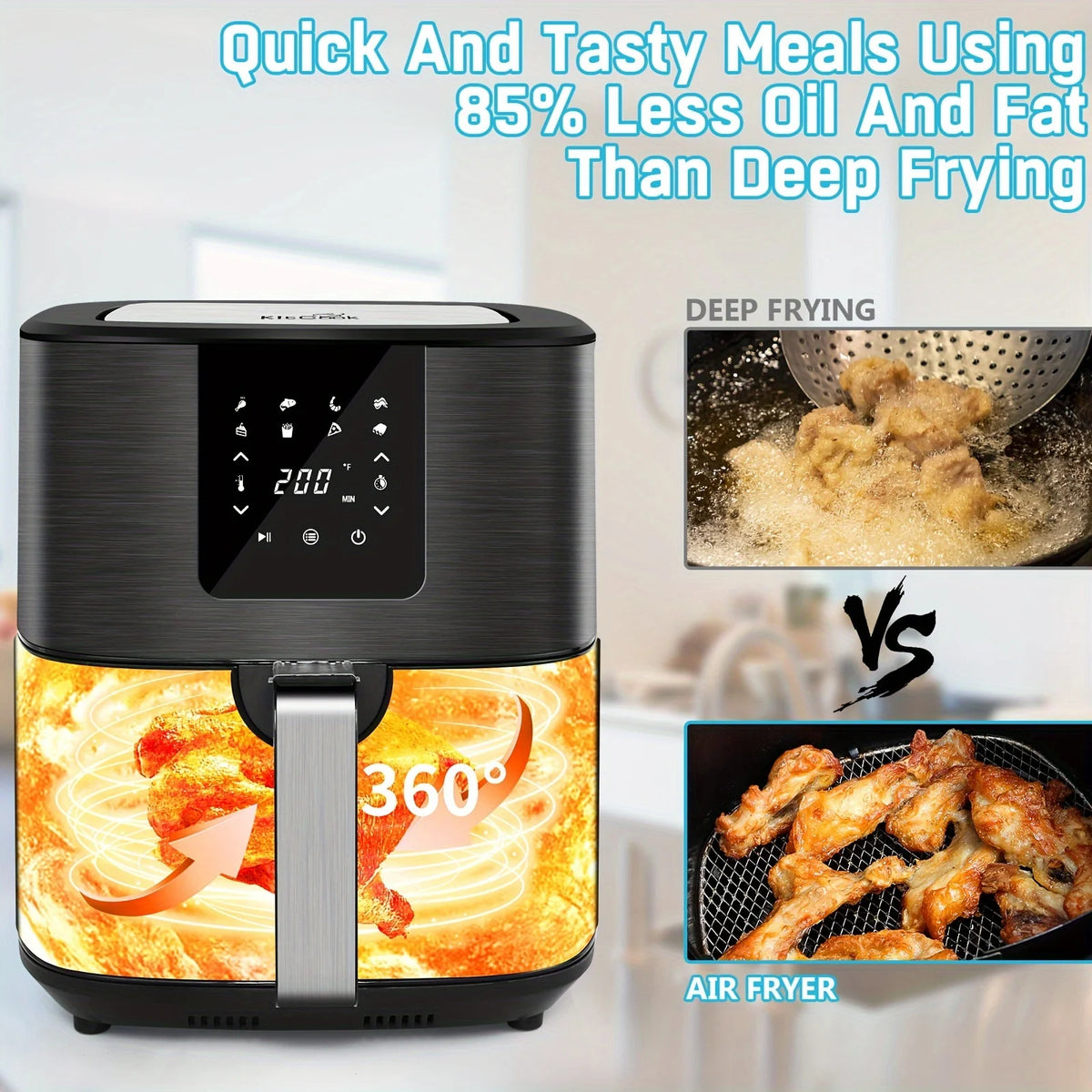 KitCook Large Air Fryer, 1500W 7QT AirFryer Cooker, Adjustable.