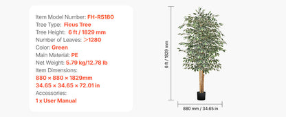 VEVOR 5/6/7/8FT Artificial Tree Tall Faux Ficus Plant with Natural Wood Trunk green Tree