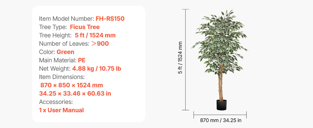 VEVOR 5/6/7/8FT Artificial Tree Tall Faux Ficus Plant with Natural Wood Trunk green Tree